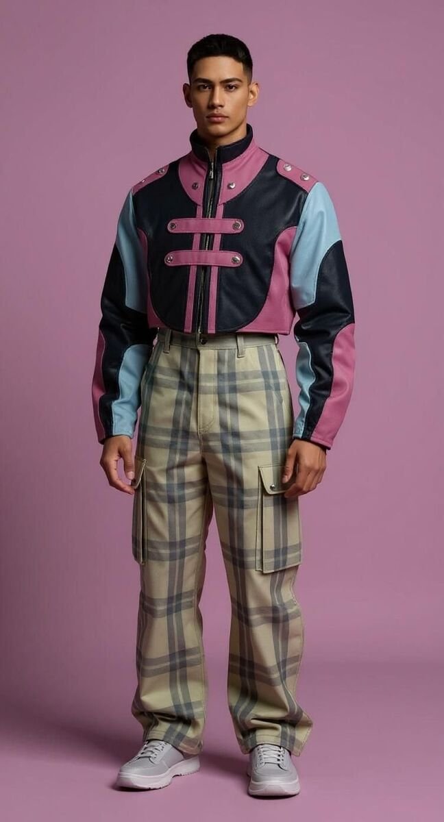 Panelled outerwear look